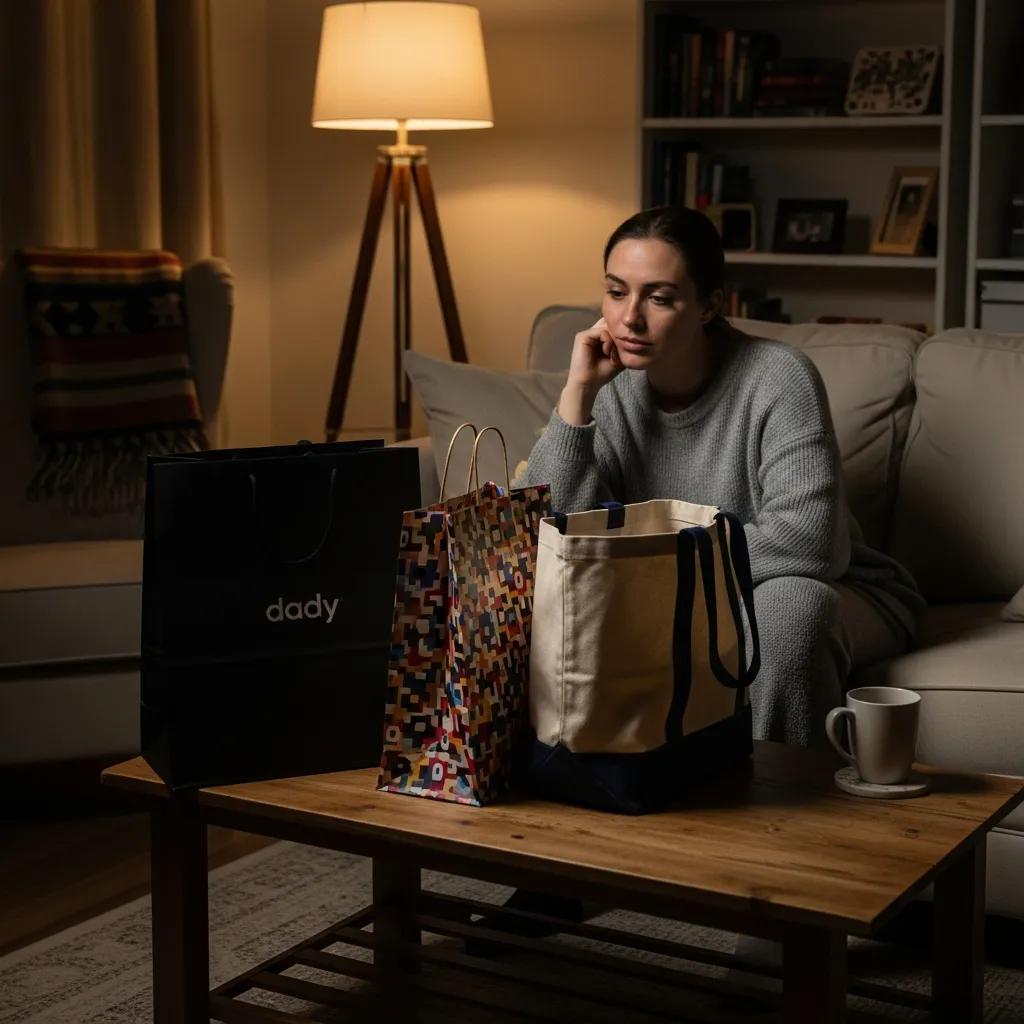 Person considering emotional spending triggers in a cozy living room