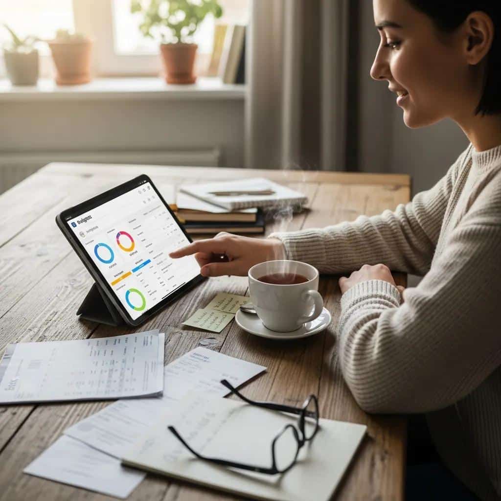 Person using a budgeting app on a tablet at a kitchen table with financial papers