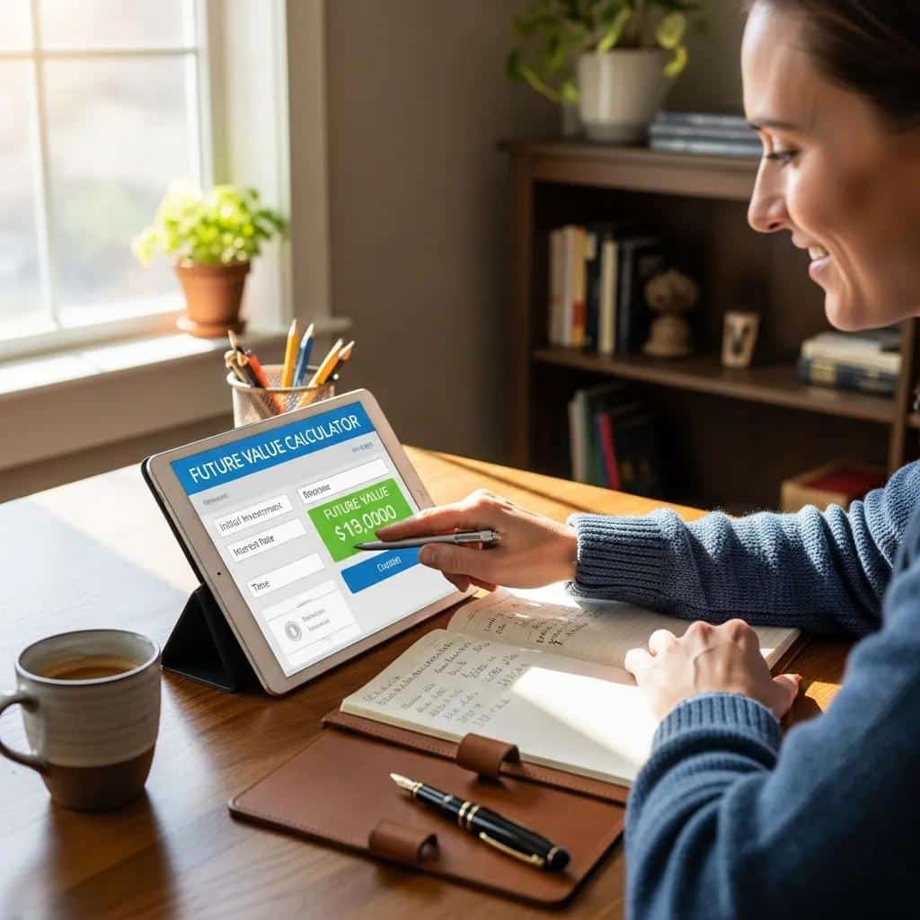 Person using a future value calculator in a home office