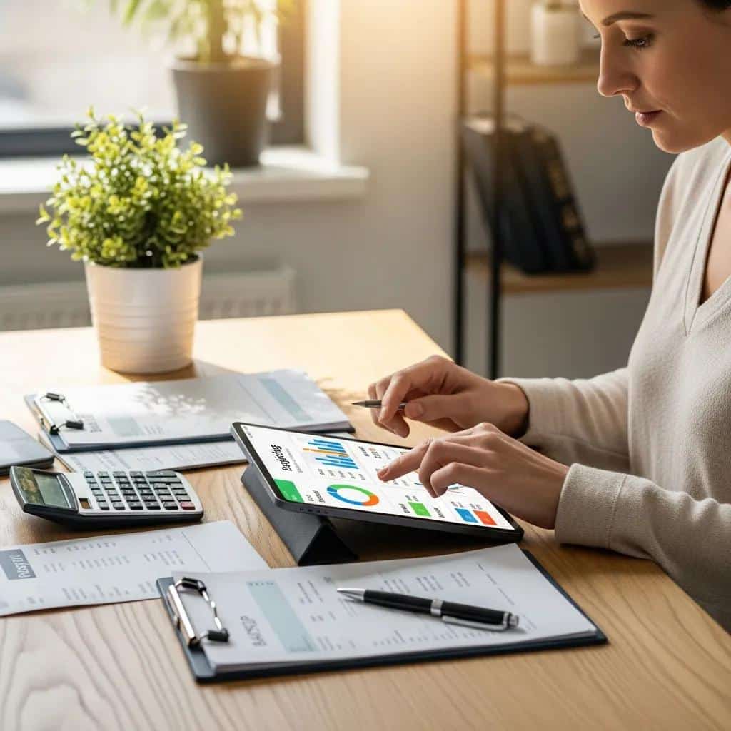Person using a budgeting app on a tablet while reviewing financial documents