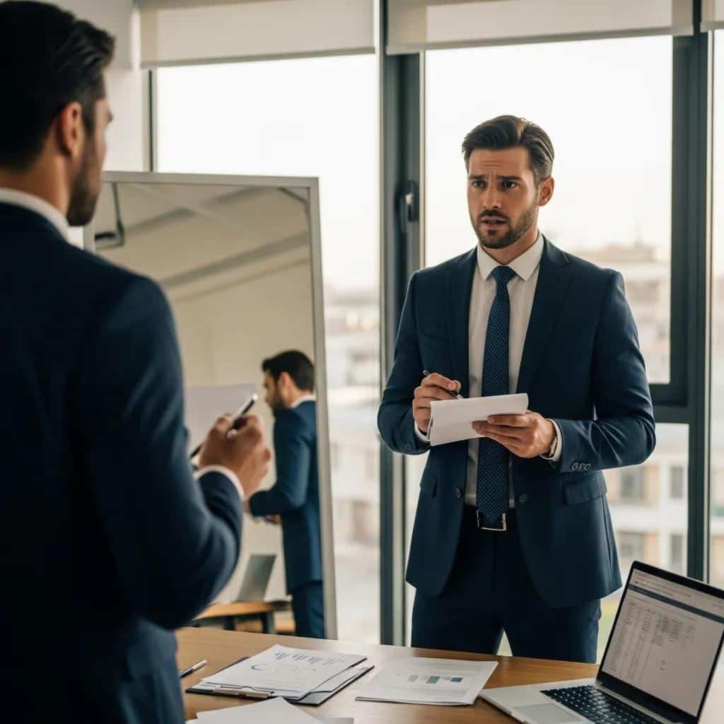 Professional man rehearsing negotiation points in front of a mirror