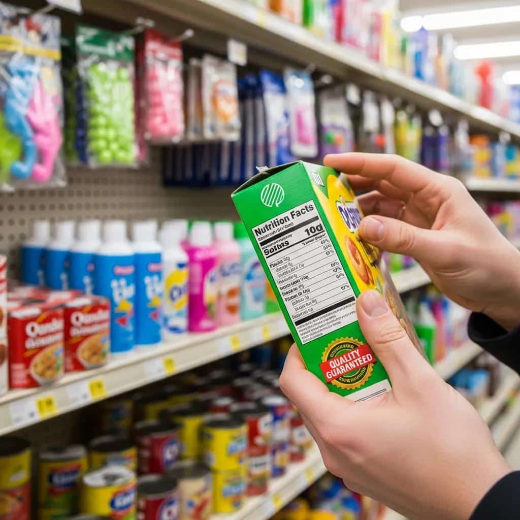 Shopper inspecting product quality at a dollar store