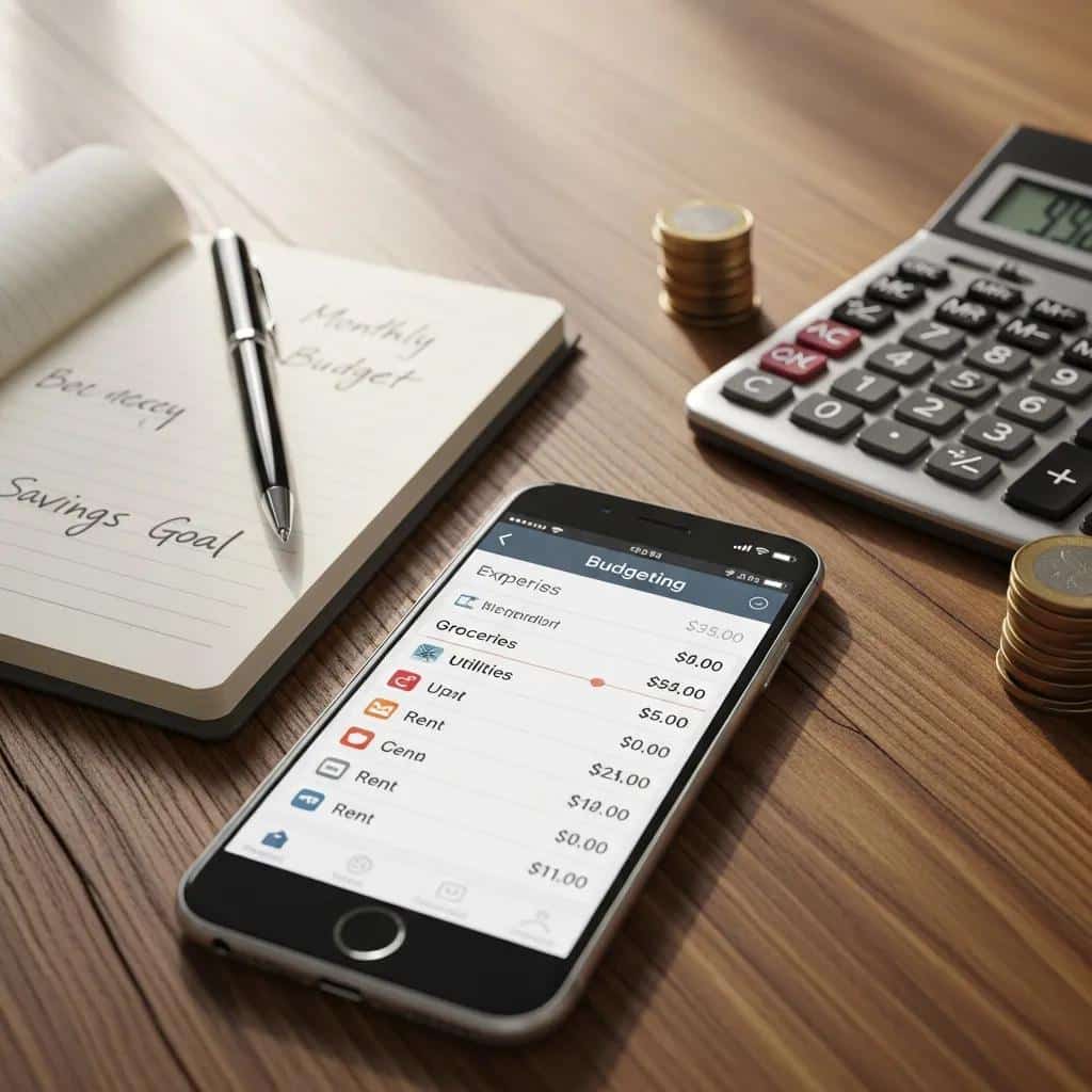 Smartphone with budgeting app and financial planning tools on a table