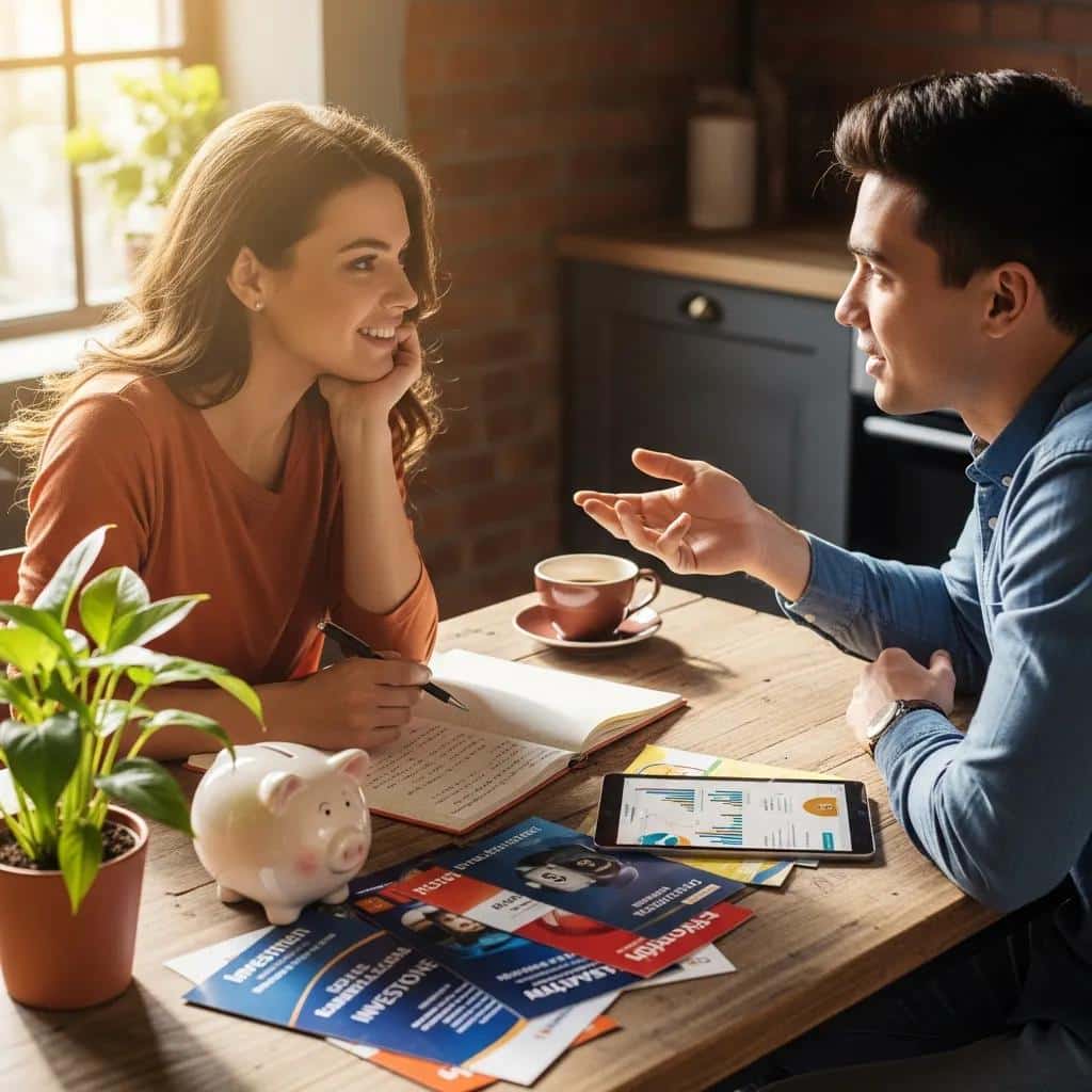 Young couple discussing financial goals with a piggy bank and notes