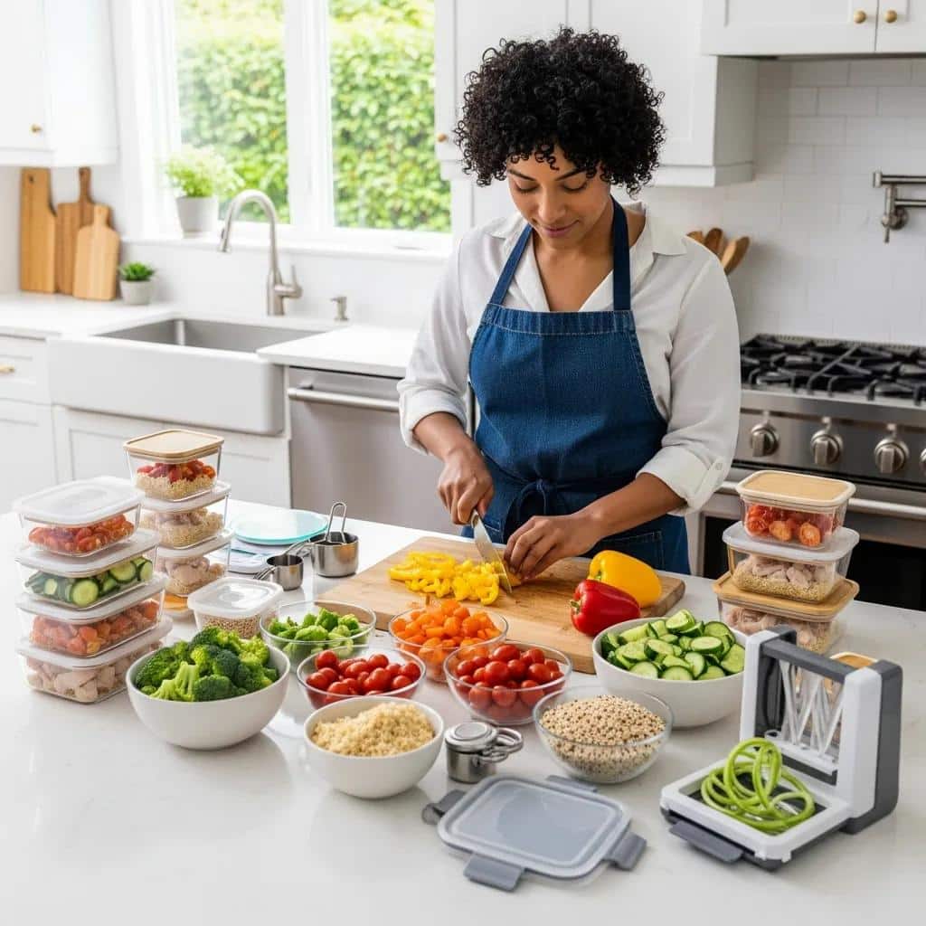 Colorful meal prep scene with fresh ingredients and containers, illustrating effective meal planning techniques