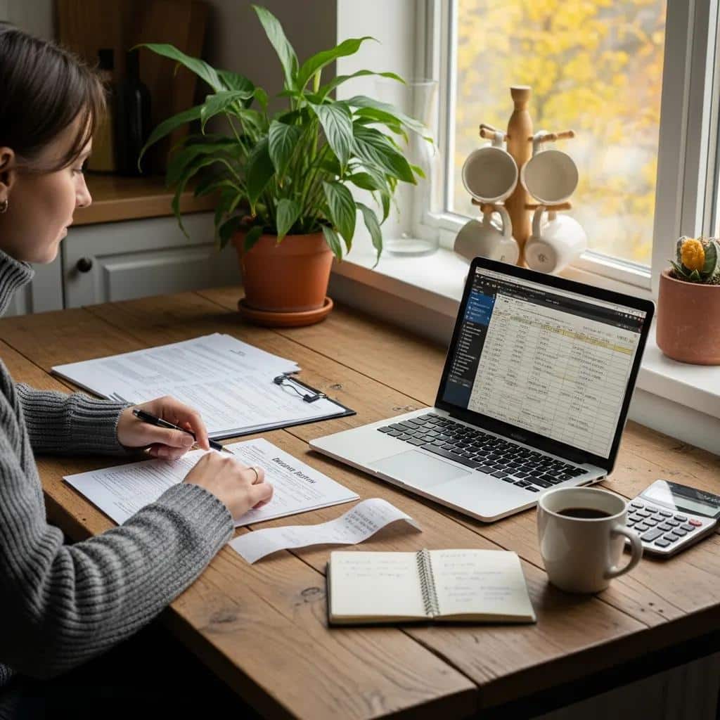 Cozy kitchen scene with a person reviewing financial documents and a tax return