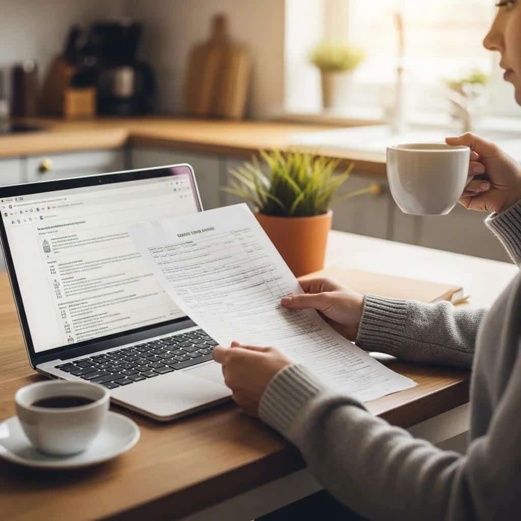 Cozy kitchen scene with a person reviewing tax documents on a laptop