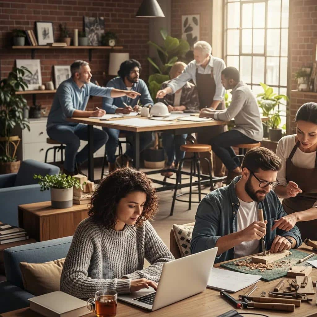 Diverse individuals learning and developing skills in a cozy environment