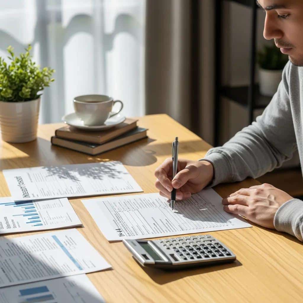 Person filling out a W-4 form at a desk with financial documents
