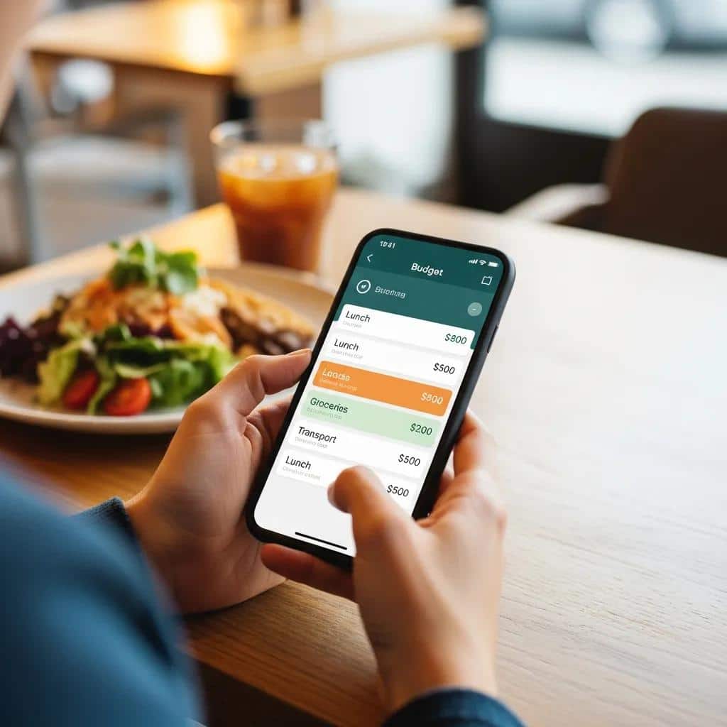 Person tracking lunch expenses on a smartphone app at a café, highlighting budgeting strategies