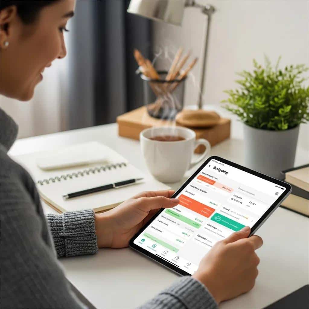 Person using a budgeting app on a tablet in a cozy home workspace