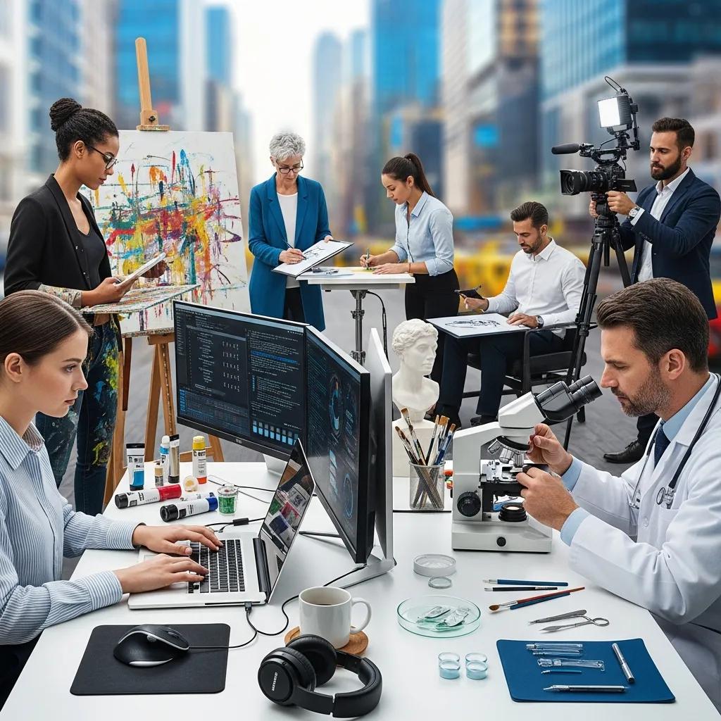 Professionals in technology, healthcare, and creative industries demonstrating career growth