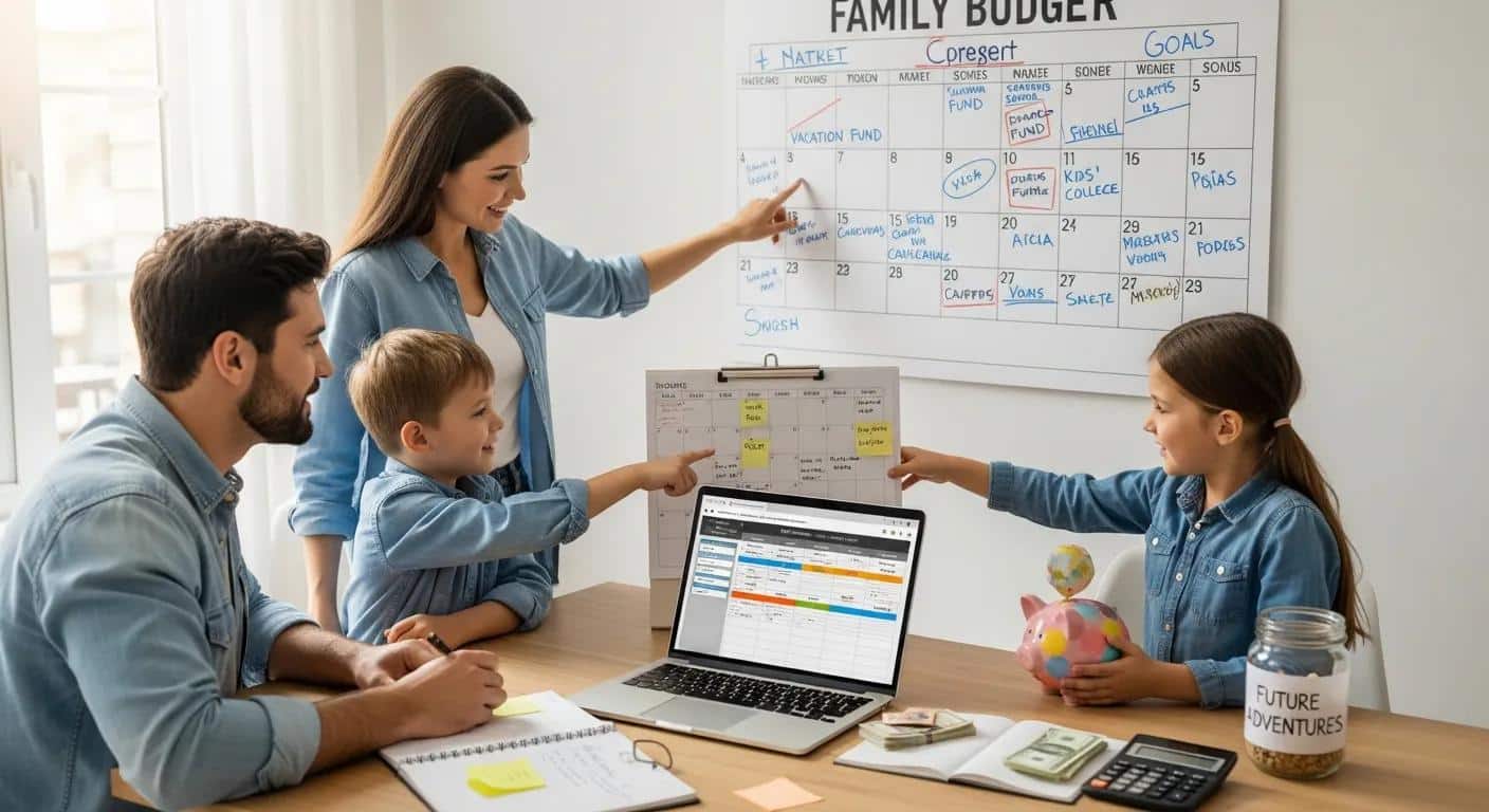 Family planning finances together with a calendar and budgeting tools