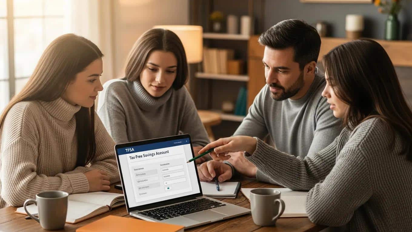 Canadian family discussing financial goals with a TFSA calculator on a laptop