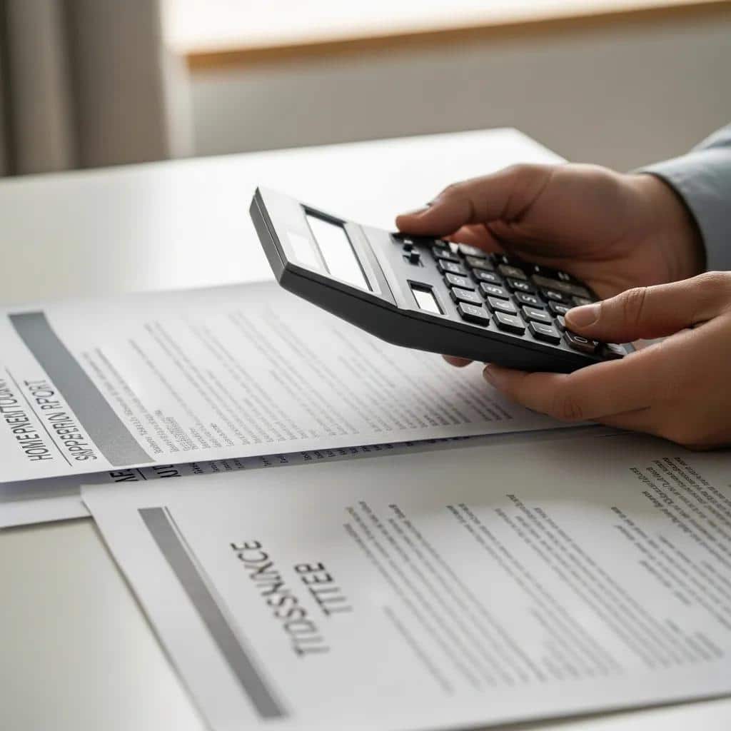 Close-up of a hand using a calculator next to real estate paperwork — illustrating typical closing cost fees