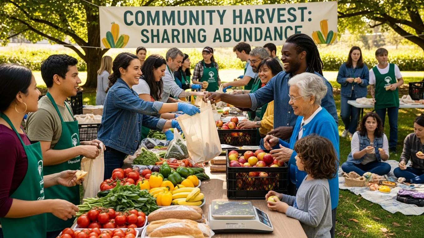 Community food recovery event showcasing fresh produce and diverse individuals engaging in sustainable practices