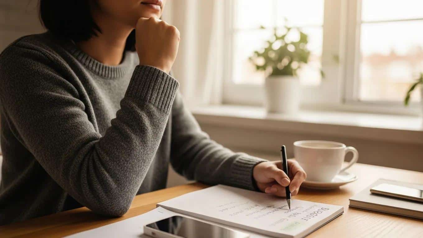 Contemplative person reviewing finances at a cozy kitchen table, emphasizing the emotional costs of earning money