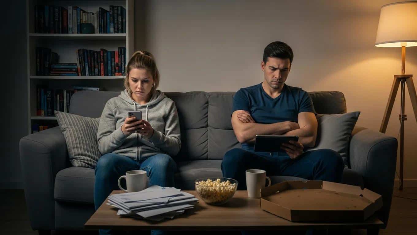Couple on a couch, showing emotional distance due to financial stress, illustrating the impact on personal relationships