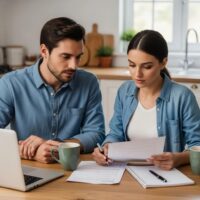 Couple reviewing home buying documents at a kitchen table, emphasizing the importance of understanding closing costs