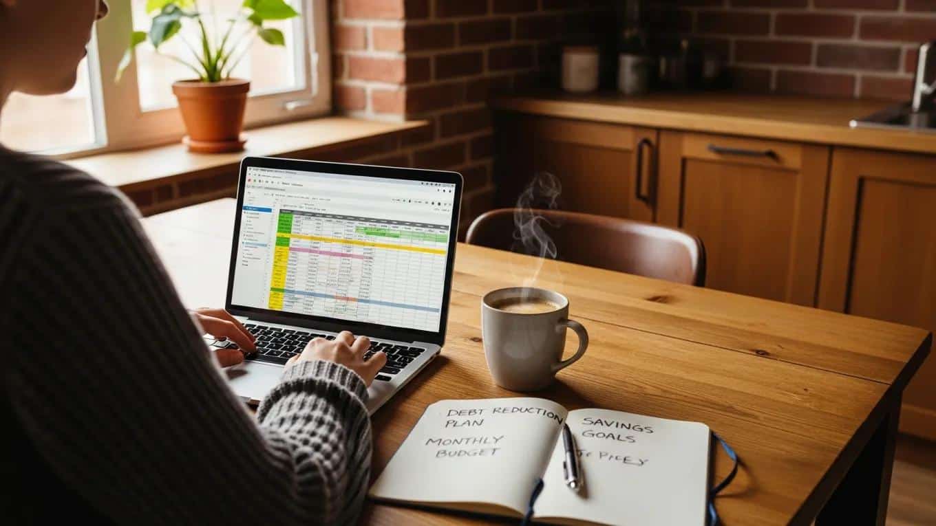 Cozy kitchen scene with a person budgeting and managing debt