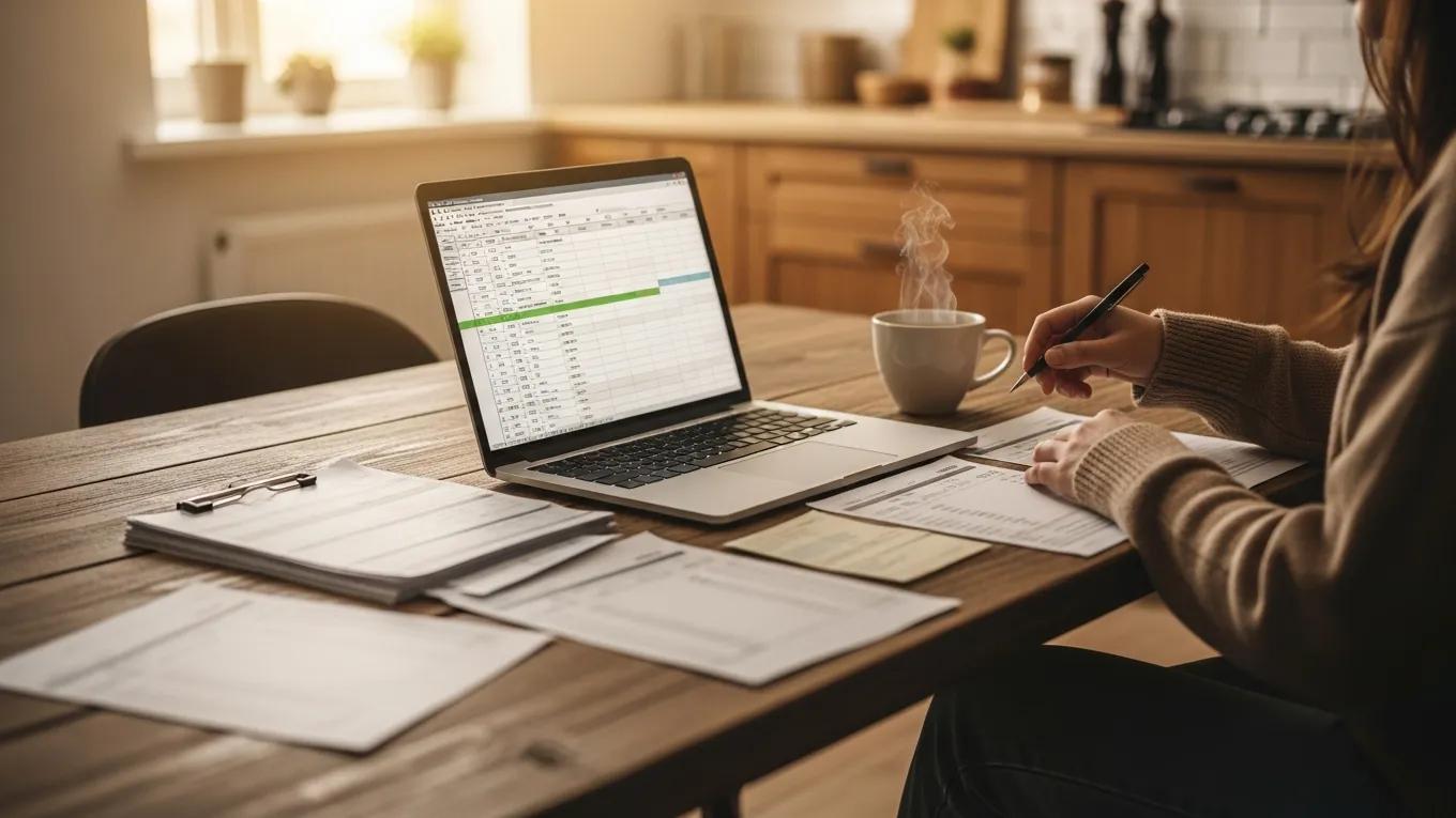 Cozy kitchen scene with a person managing finances using multiple bank accounts