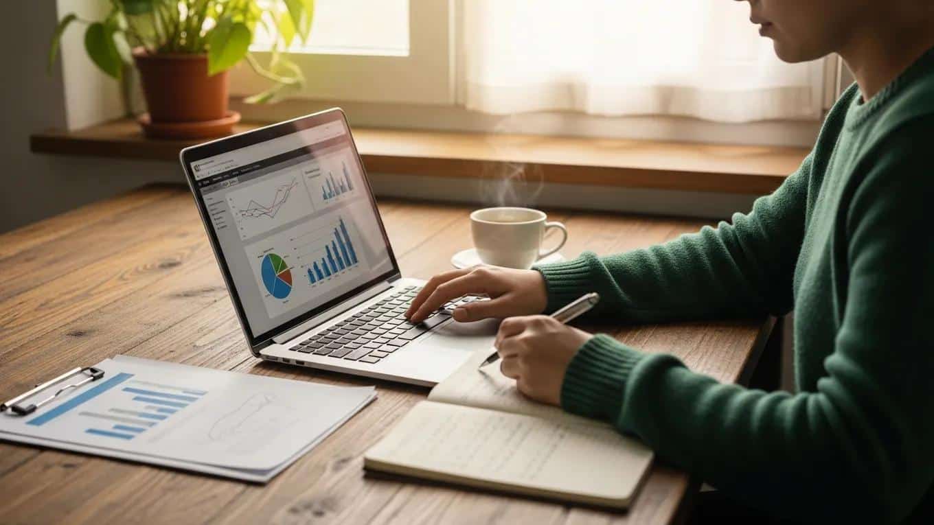 Cozy kitchen scene with a person reviewing finances, emphasizing smart money questions