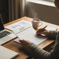 Cozy lifestyle scene with a person reviewing a budget calendar, coffee, and financial documents
