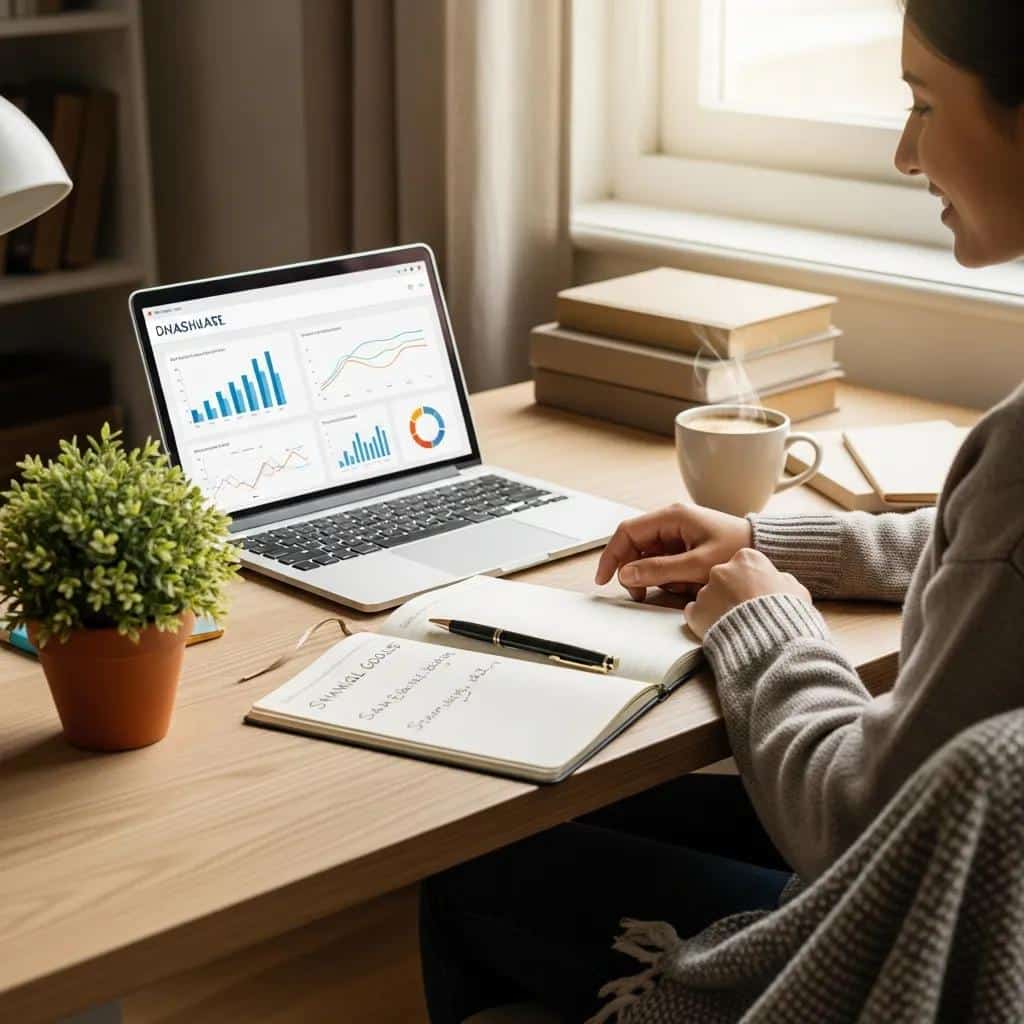 Cozy workspace with a laptop and financial planning materials, symbolizing the journey to financial freedom