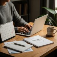 Cozy workspace with budgeting tools and calendar for financial planning