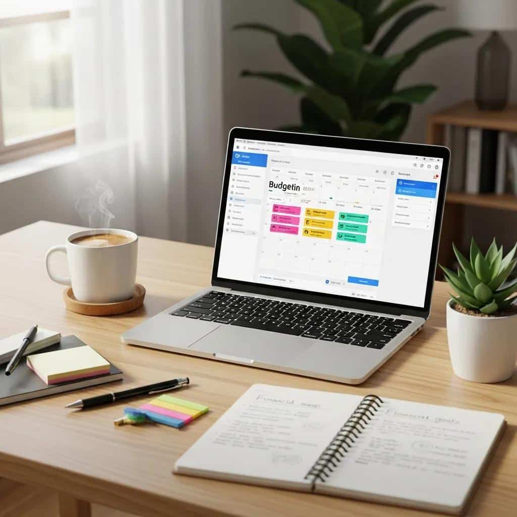 Cozy workspace with a laptop and planner used for calendar budgeting