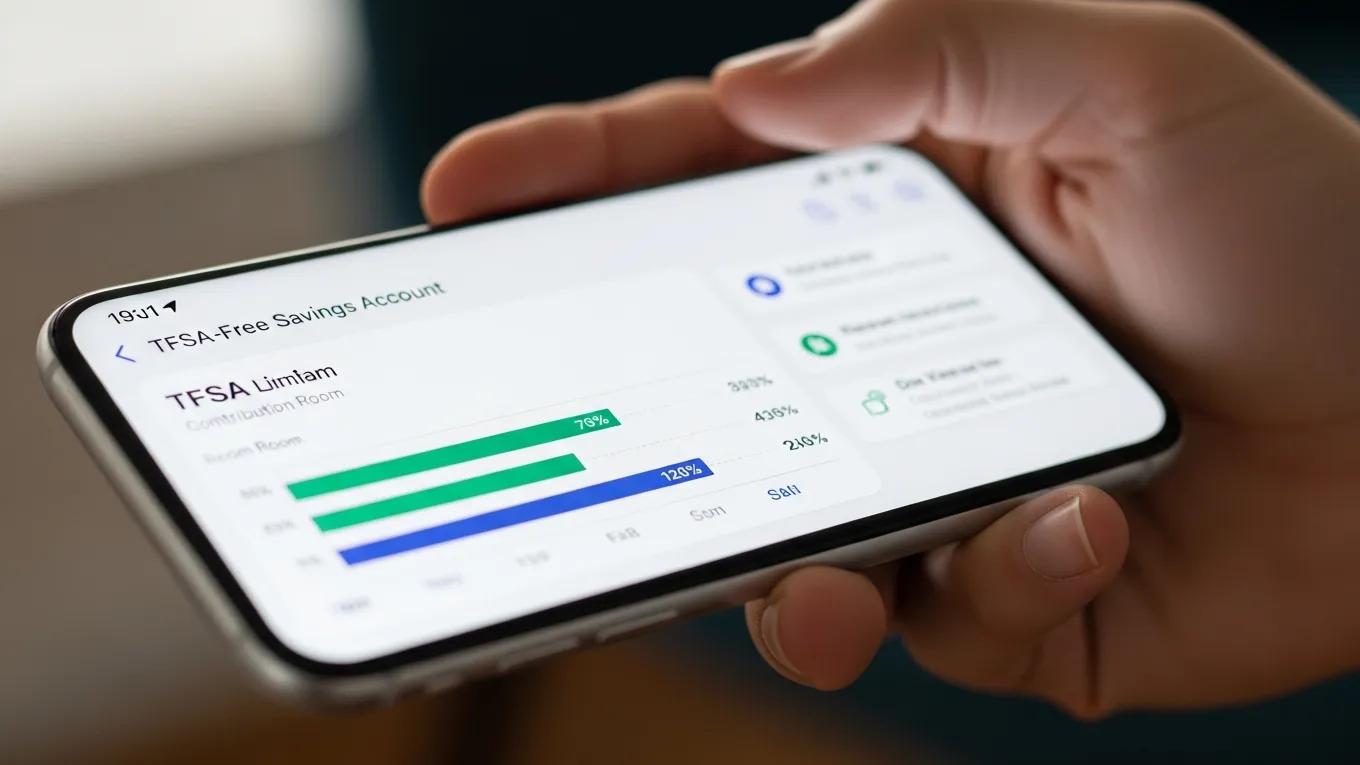 Close-up of a hand tracking TFSA contributions on a smartphone app