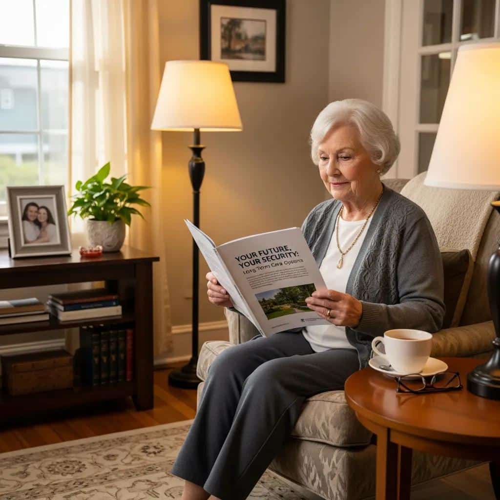 Senior woman reviewing long-term care insurance options at home