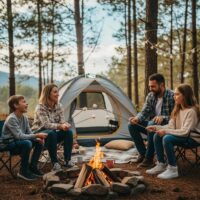 Family camping in a scenic forest with a tent and campfire