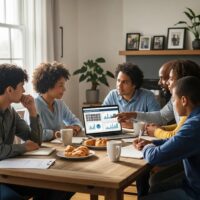 Family discussing mortgage refinancing at a dining table with a laptop