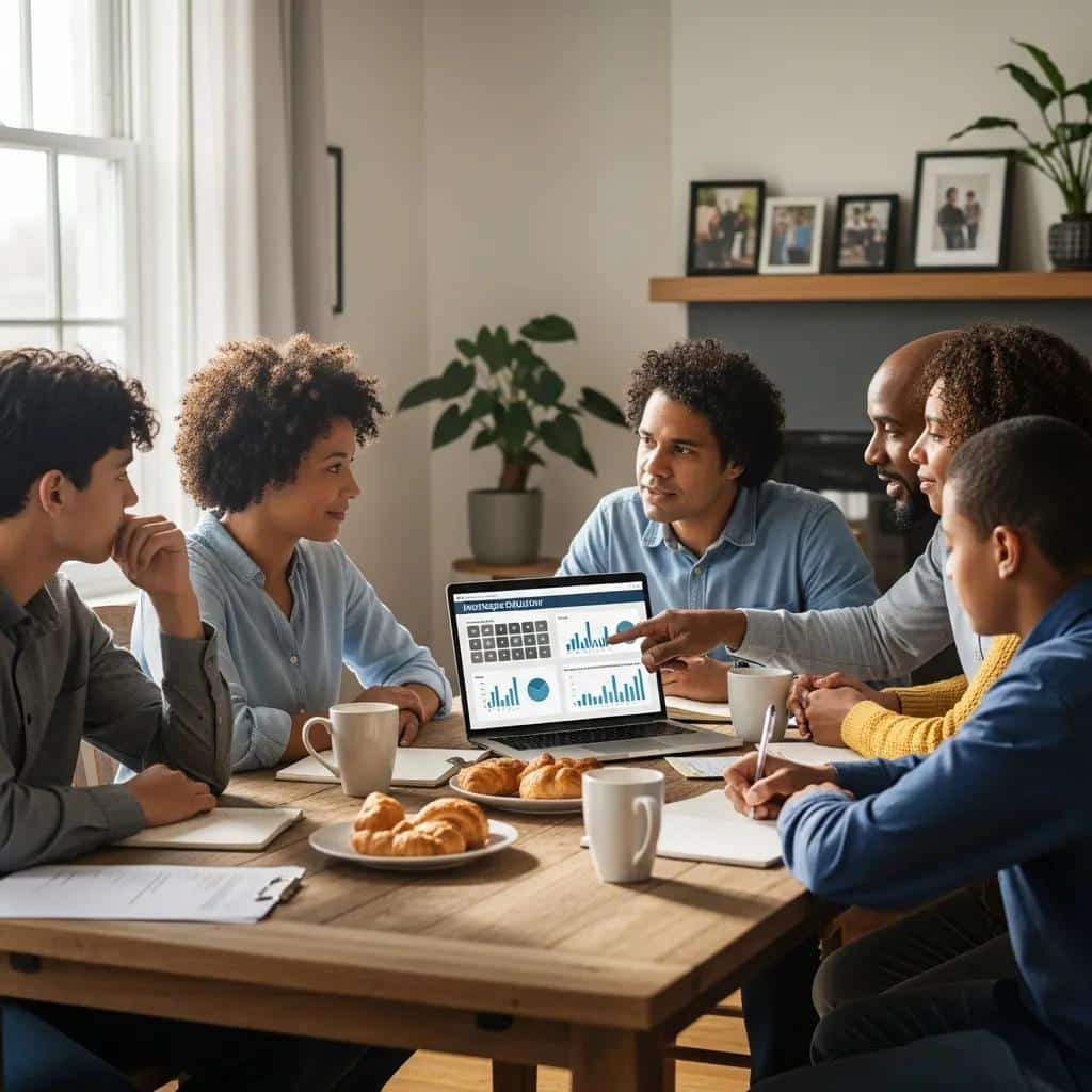 Family discussing mortgage refinancing at a dining table with a laptop