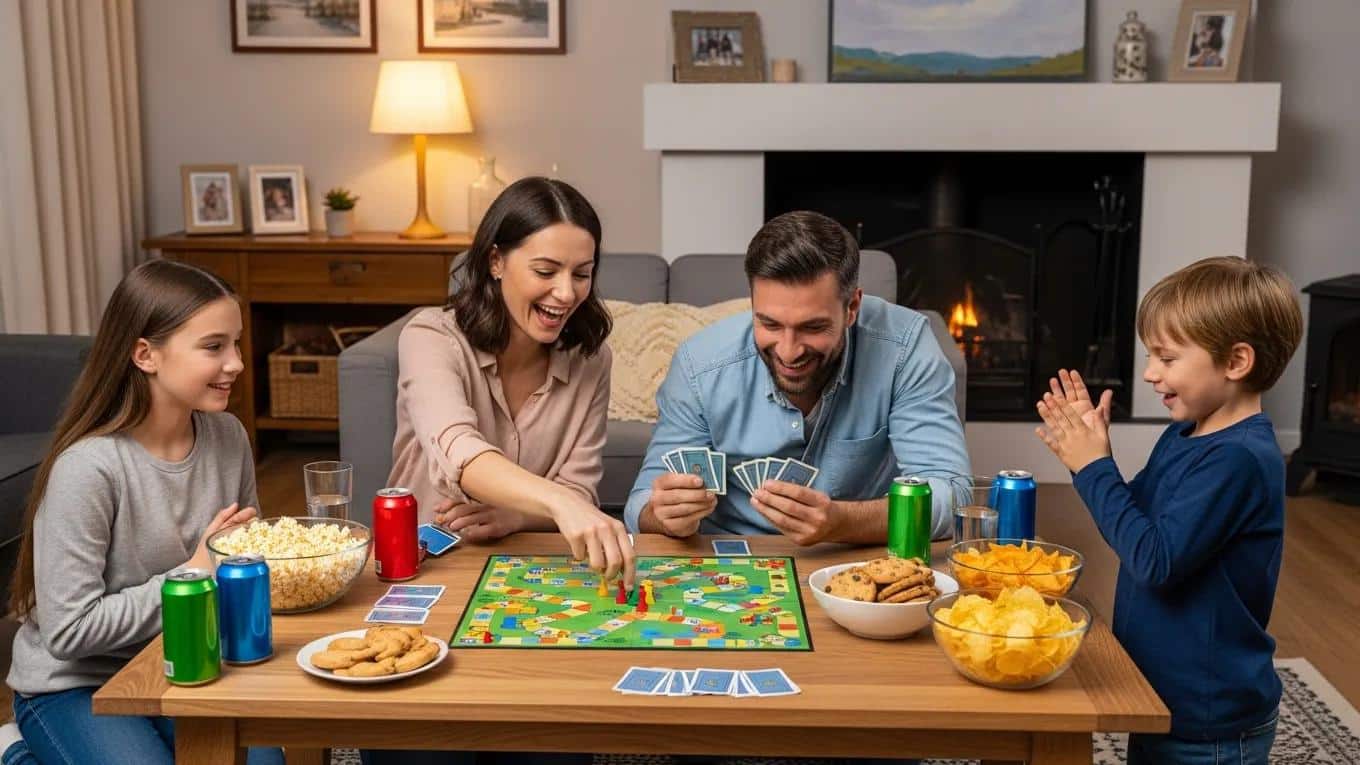 Family enjoying a game night at home — an affordable entertainment activity