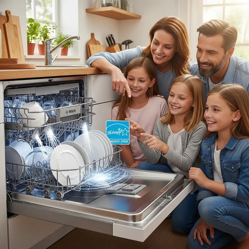Household using an ENERGY STAR dishwasher, highlighting energy-saving features