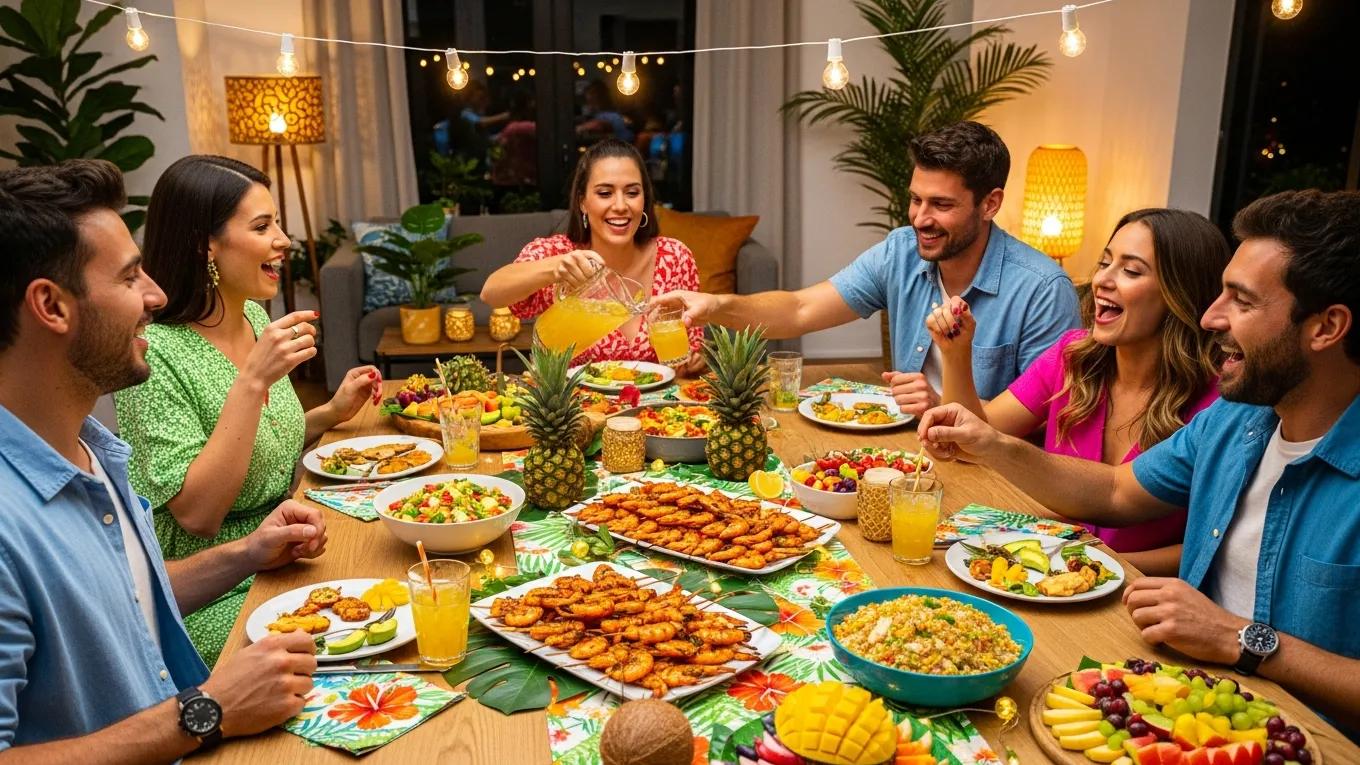 Friends enjoying a themed dinner night at home, showcasing budget entertainment ideas