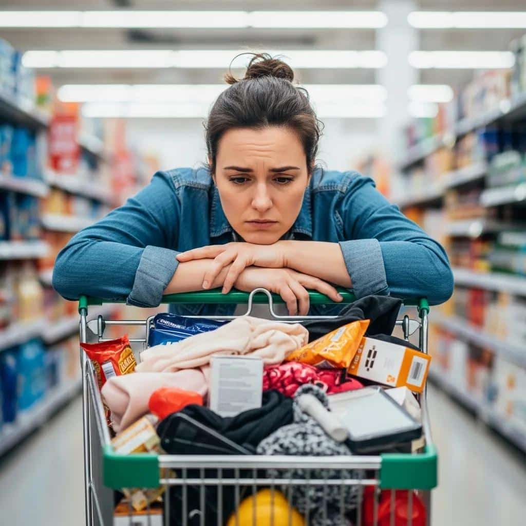 Person pausing before a purchase, showing how impulse buying impacts your budget