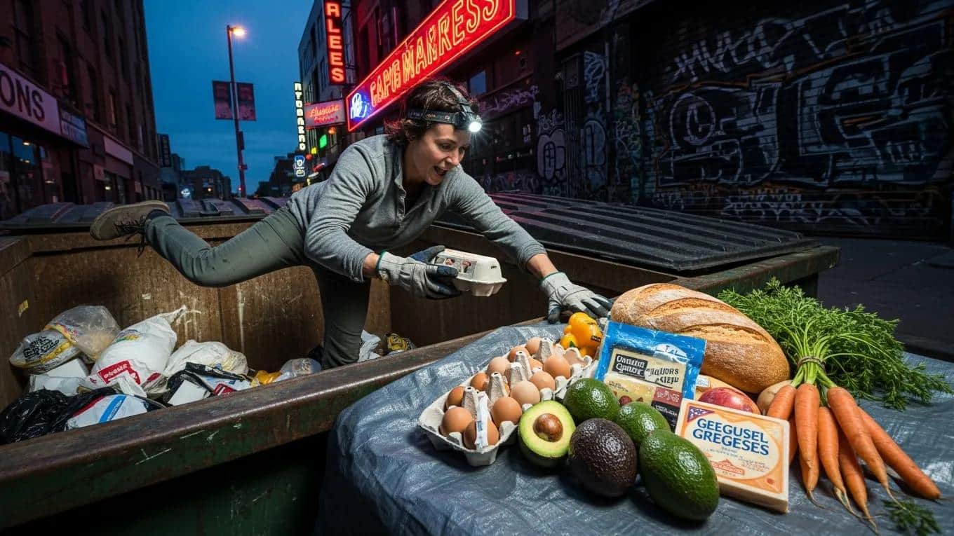 Individual dumpster diving in an urban area, recovering edible food items and promoting sustainability