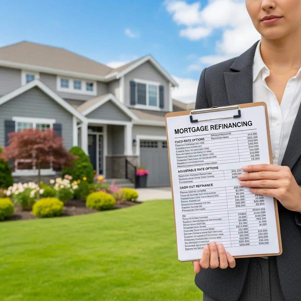 Homeowner reviewing refinance options in front of their house