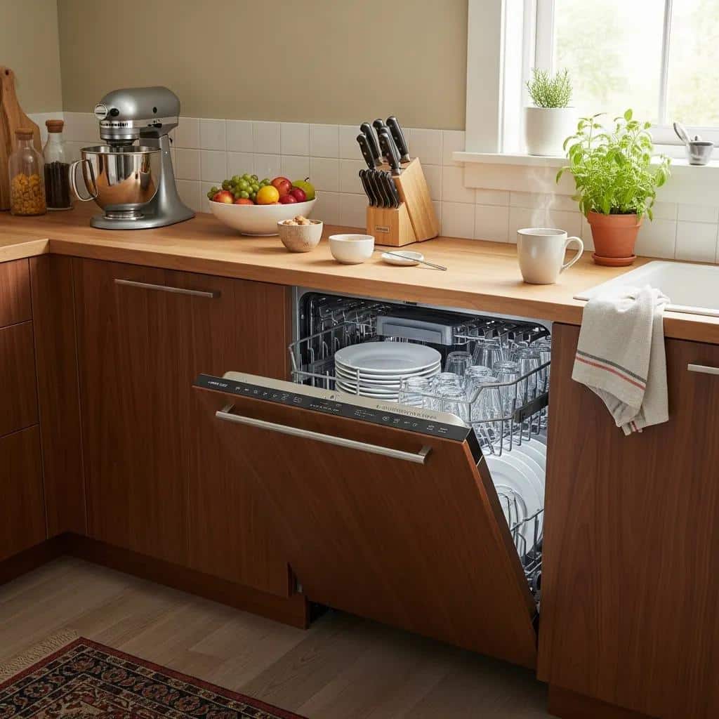 Modern kitchen with a stylish dishwasher, emphasizing efficiency and cleanliness