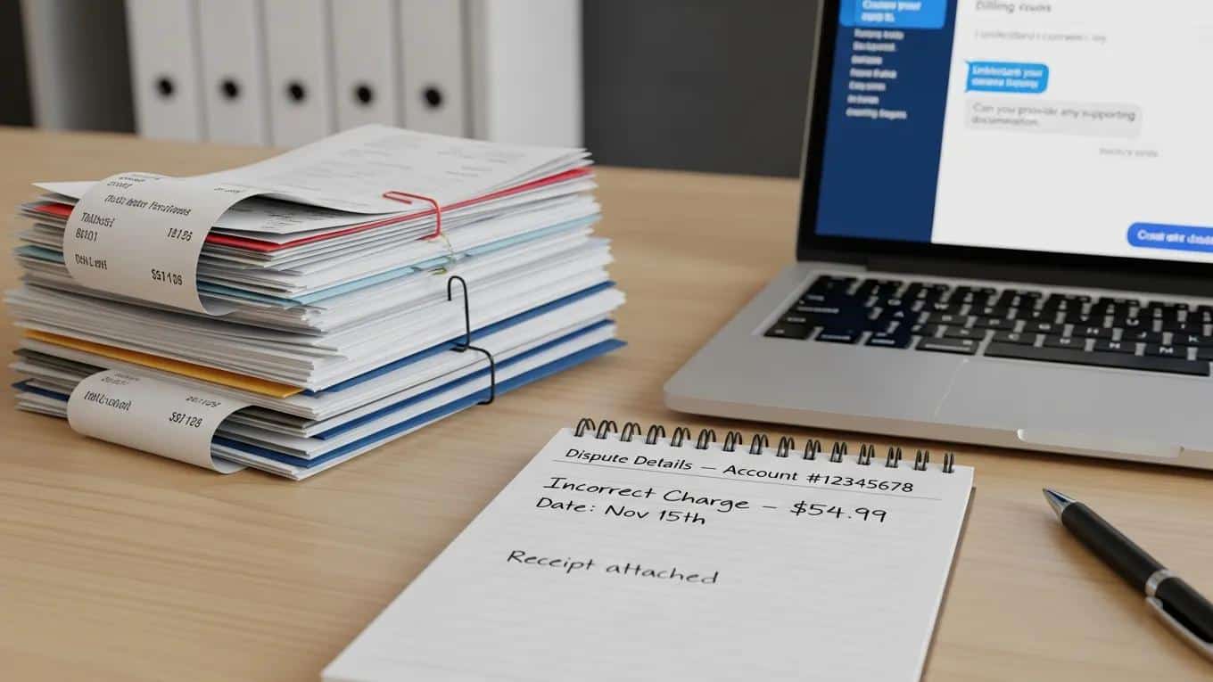 Neatly arranged receipts and notes on a desk to prepare a credit card dispute
