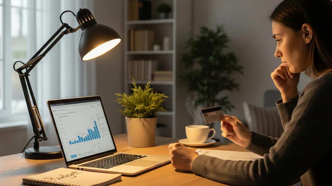 Person concerned about credit card security while managing finances at a cozy desk