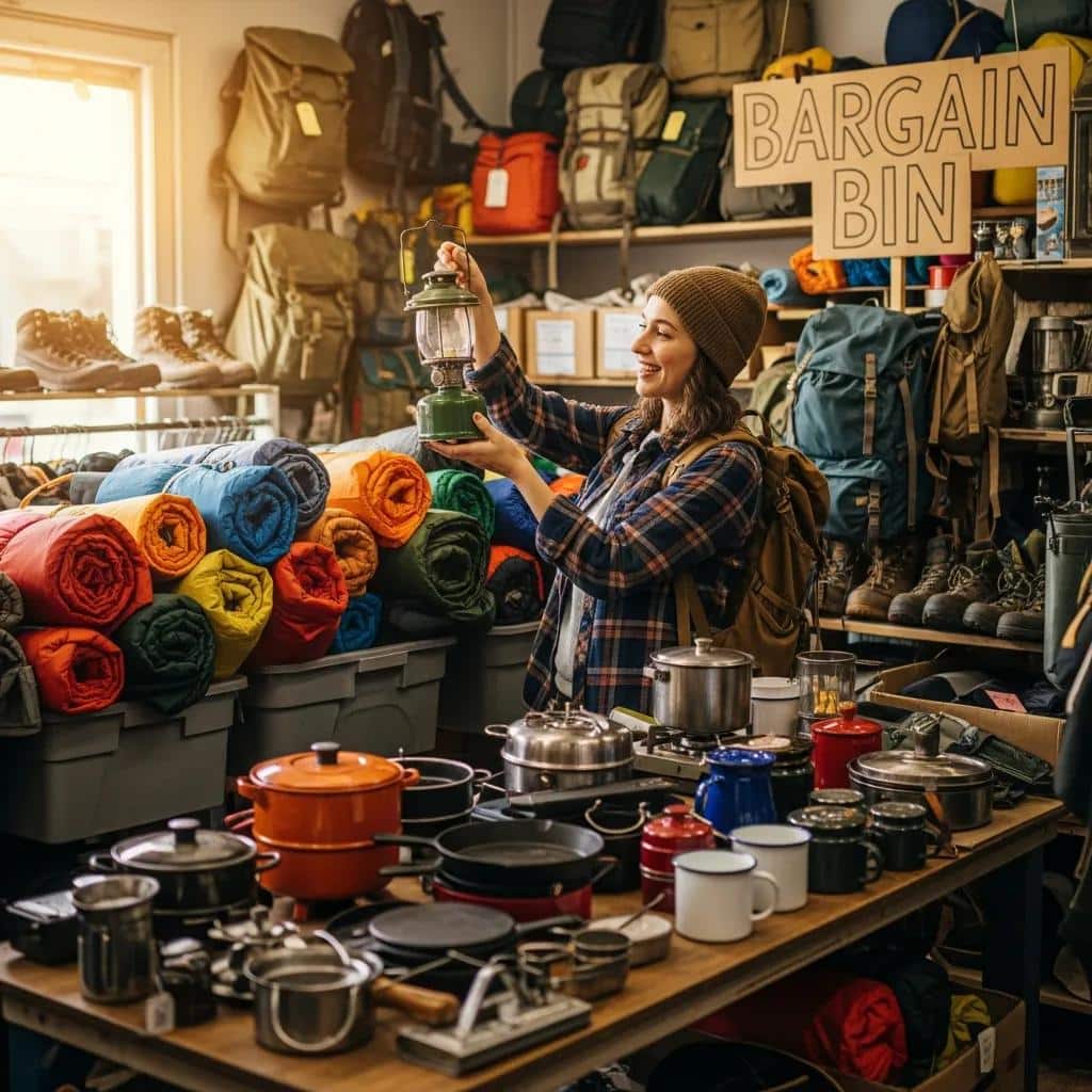 Browsing thrift and outdoor stores to find affordable camping gear
