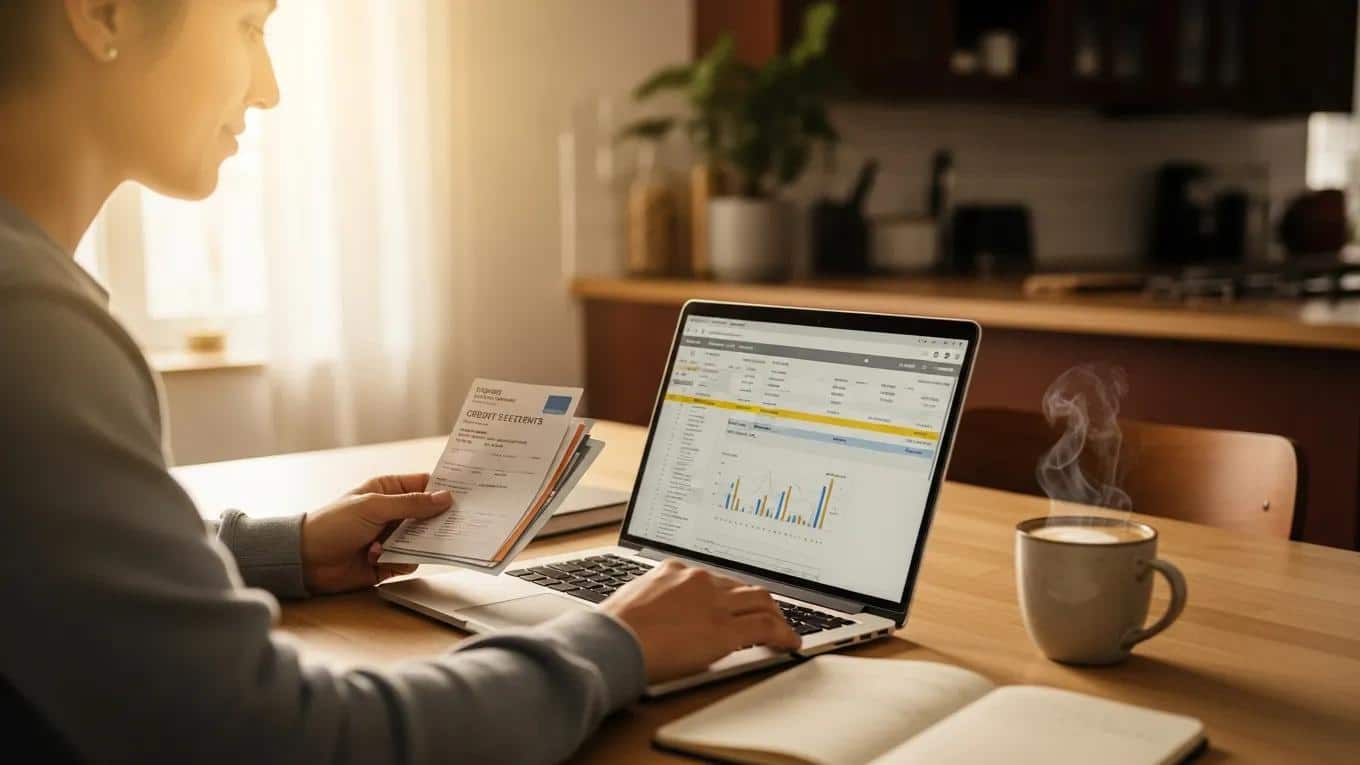 Person reviewing credit card statements at a kitchen table, emphasizing financial empowerment