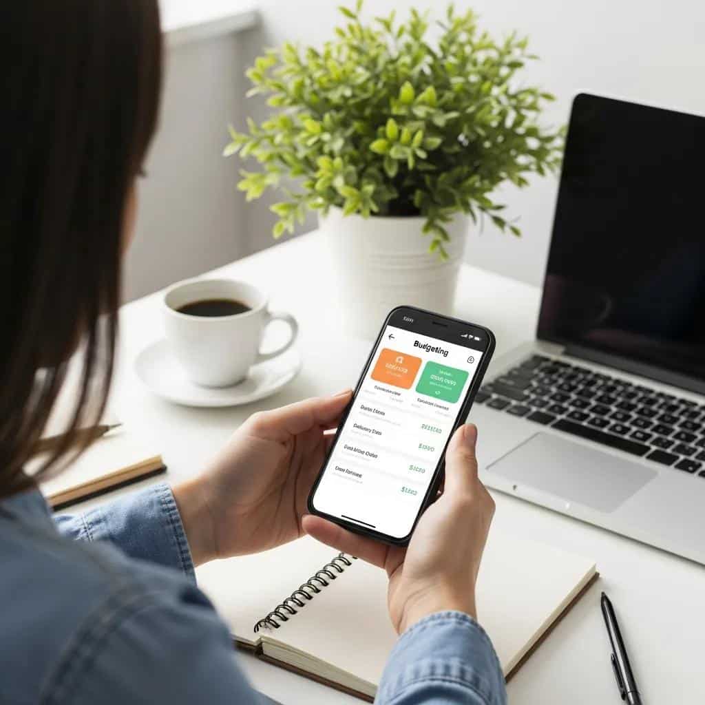 Person using a budgeting app on a smartphone at a desk — planning for closing costs