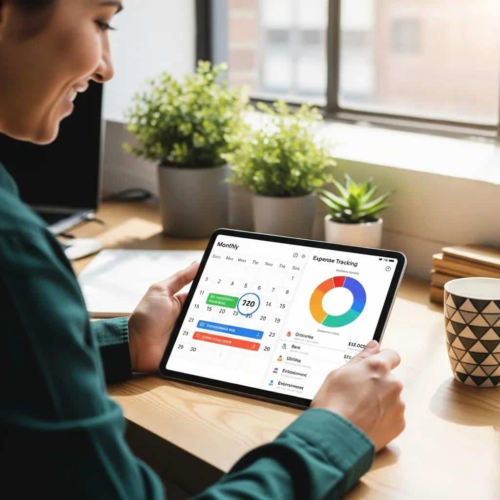 Tablet displaying a calendar-style budget to visualize bills, paydays, and cash flow