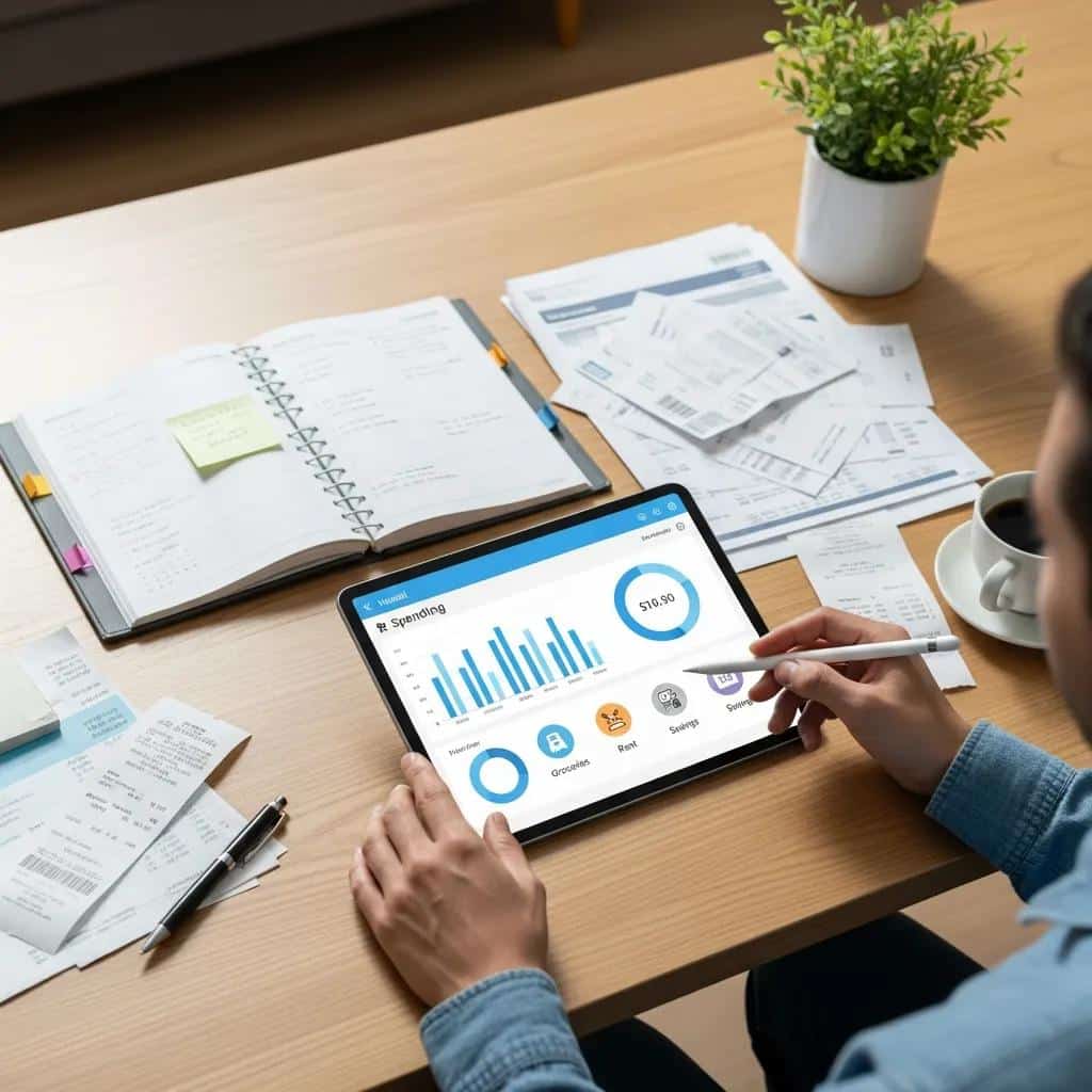 Person using a tablet with a calendar budgeting app and financial papers nearby