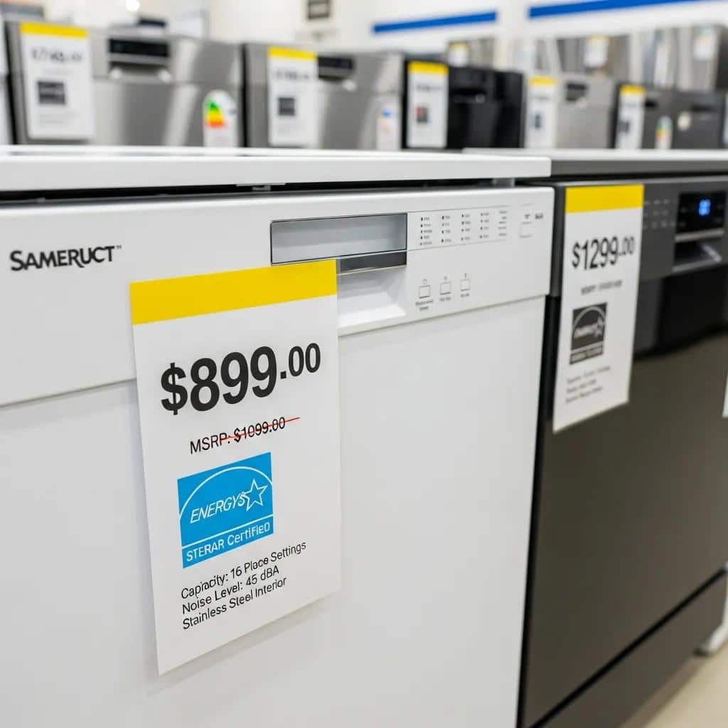 Price tags on dishwasher models illustrating common price ranges